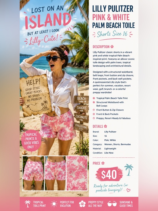 Lilly Pulitzer Pants - Lilly Pulitzer Pink White Palm Beach Toile Shorts Size 16